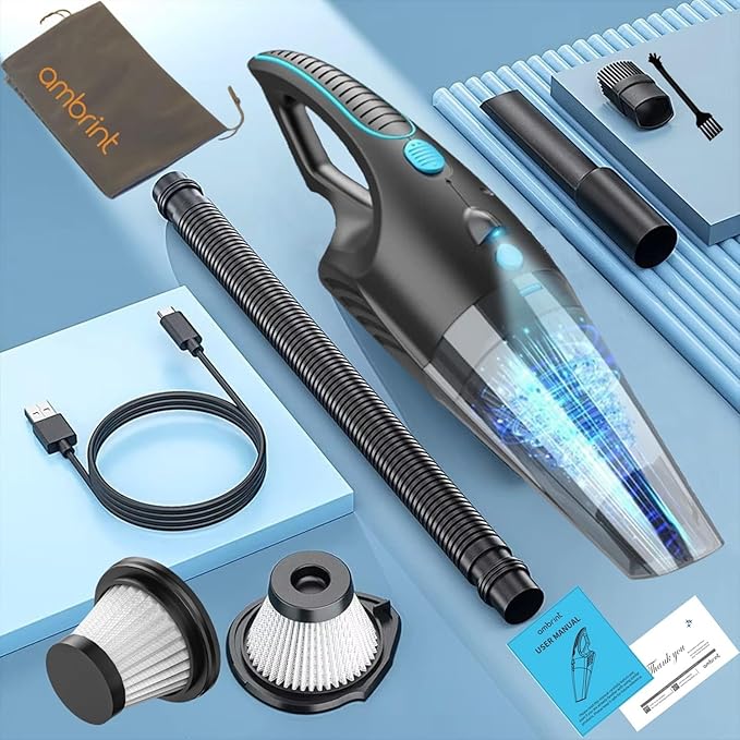 ambrint Handheld Vacuum Cordless Rechargeable – 13000PA Powerful Car Vacuum with Best Suction, Lightweight Mini Cleaner for Home/Office, High-Power Dust Busters for Pet Hair, USB Charging & LED Light