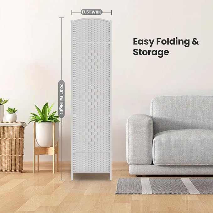 Cocosica 4 Panel Room Divider,6Ft Folding Privacy Screen,Tall - Extra Wide Foldable Panel Partition Wall Divider with Diamond Double-Weaved Hand-Woven Design Room Screen Divider（White）