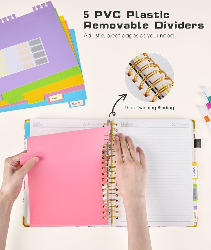 Hardcover Spiral Notebook 8.5"x11" Journal with Removable Dividers Tabs, 300 Pages Leather 5 Subject Notebook College Ruled, Large A4 Notebooks for Work School, Journal for Women, A4 Flower white