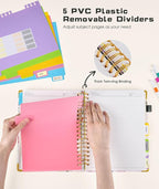 Hardcover Spiral Notebook 8.5"x11" Journal with Removable Dividers Tabs, 300 Pages Leather 5 Subject Notebook College Ruled, Large A4 Notebooks for Work School, Journal for Women, A4 Flower white