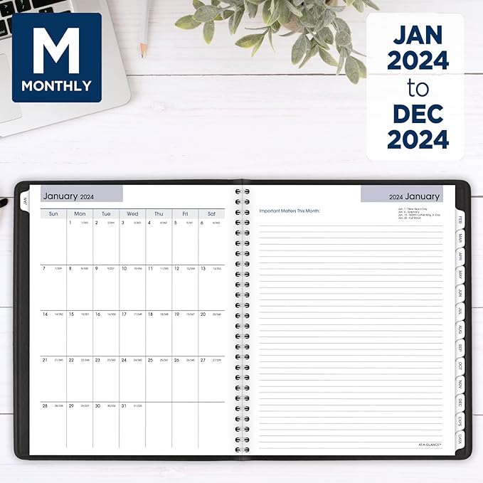 AT-A-GLANCE 2024 Weekly & Monthly Planner, 7" x 8-3/4", Medium, Refillable, Executive, DayMinder, Black (G5450024)
