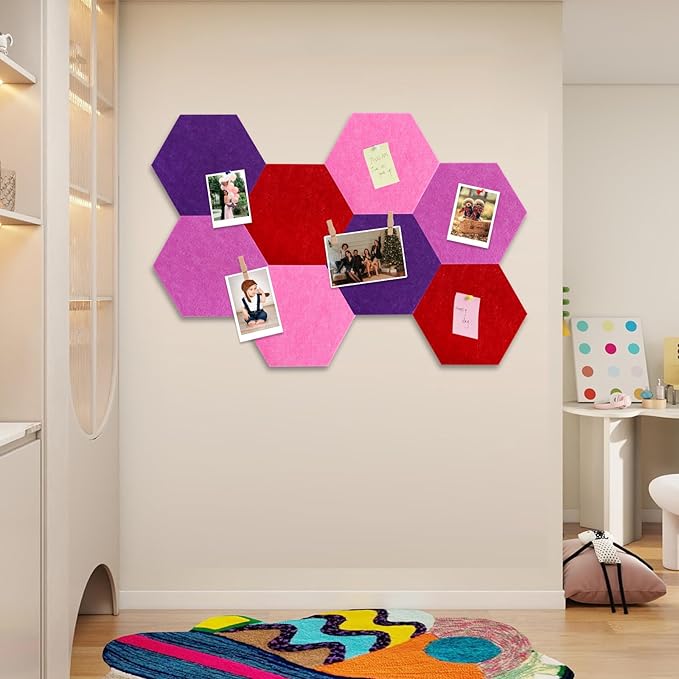 Vuzvuv 8 Pcs Hexagon Bulletin Board with 50 Pushpins & 10 Wooden Clip Pins Adhesive Cork Board for Wall，Felt Pin Board for School，Office Decor（Deep Purple）