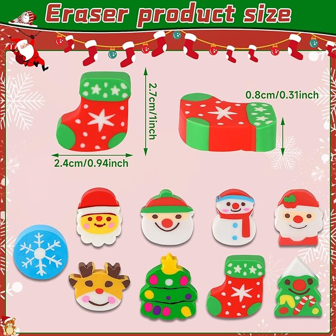 JULMELON 72PCS Christmas Party Favors Set, 36PCS Christmas Pencils with 36PCS Snowman Snowflake Santa Erasers, Pencils for School Classroom Winter Holiday Party Reward Supplies