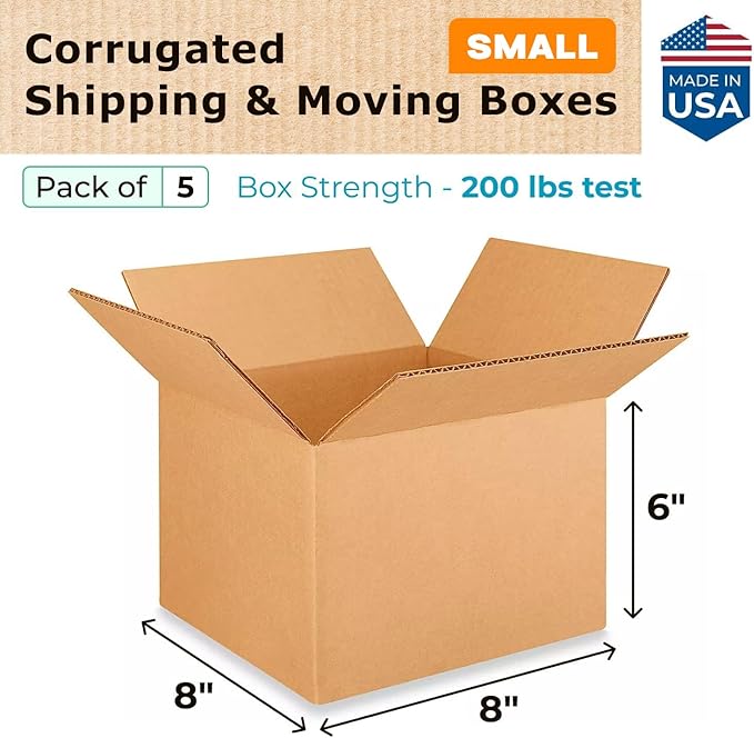 Small Moving & Shipping Boxes 8 x 8 x 6 inches (5-Pack) - Extra Strength 200 lb vs Regular - Corrugated Packing for Moving - Heavy Duty Moving Box - Strong Box for Shipping by IDL Packaging
