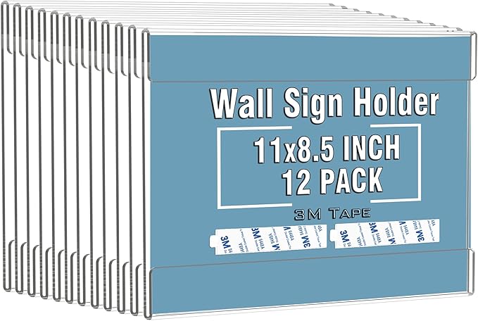 Dingelex Acrylic 8.5x11 Horizontal Sign Holder, Clear Plastic Wall Mount, 12 Pack, No Drilling, Landscape