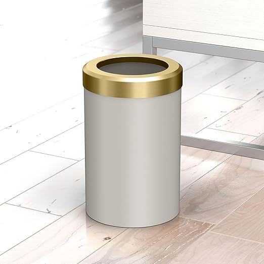 Gatco Modern Round Wastebasket, Matte Pearl and Brushed Brass Combo - Stainless Steel Trash Can with Removable Lid, Leakproof, 3 Gallon Capacity for Bathroom, Bedroom, Kitchen, or Office