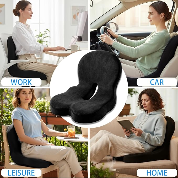 Watshyon Ergonomic Memory Foam Reenly Seat Cushion & Non-Slip Base with Adjustable Straps,Seat Cushion for Truck Driver and Office Chair Cushion,Removable Washable Cover- Plush Velvet