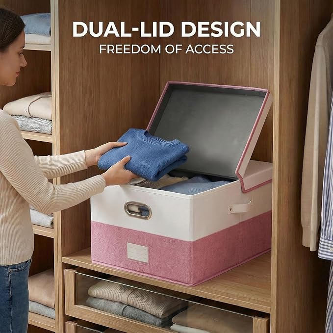 PRANDOM Storage Bins with Lids [3-Pack] Linen Fabric Foldable Storage Boxes Organizer Containers Baskets Cube with Cover for Bedroom Closet Office White&Pink (23.4X15.9X11.4)