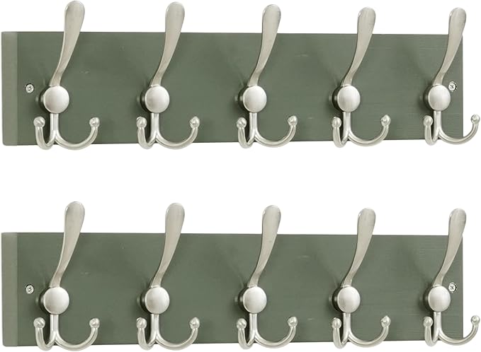 SKOLOO Creations Forest Green Solid Wood Wall Mounted Coat Rack, 5 Hooks, 16-7/8" Long - Kitchen, Mudroom, Entryway, Bathroom - Includes Mounting Hardware, Wall Coat Hanger, Towel Rack, Pack of 2