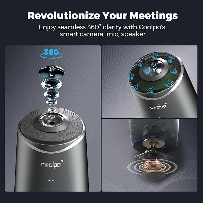 COOLPO Camera 360, 4K Video Conference Room Camera System, Webcam, AI Driven Speaker Tracking, Noise Cancellation, Works with Zoom, Google Meet, Teams and More, 15 ft Mic Pickup, PANA 5ft USB Cable