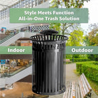 Zedfire 45 Gallon Black Waste Bin with Rain Bonnet Lid, Outdoor Heavy-Duty Commercial Trash Can Steel Slatted, Round Recycle Container, Durable Garbage Can for Parks, Municipalities, Parking, Schools