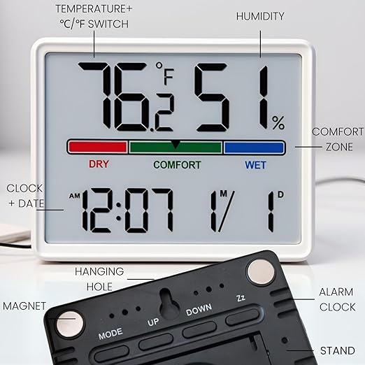 Luzsco Digital Hygrometer Indoor Thermometer, Clock with Temp & Humidity, Temp Gauge with Comfort Indicator, Wall/Magnetic/Desk Alarm Clock for Bedroom, Baby Room, Office, Kitchen, Garage (Black)