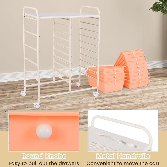GLACER 15 Drawers Rolling Cart, Storage Cart with w/Removable Drawers & Steel Frame, Multipurpose Organizer Cart w/Sleek Handle, Utility Cart on Lockable Wheels for Home, School, Office (Peach)