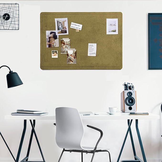 Bulletin Board, 24 x 18 inches Felt Board Decorative Pin Board, Cork Board Alternative for Wall, Foldable Photo Board Self-Adhesive Vision Board Mood Board with 20 Pushpins - Olive