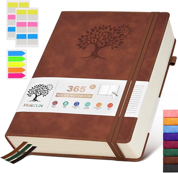 PERCUN A4 Lined Journal Notebook，365 Page Large Leather Journals for Writing Women Men，Hardcover Notebook with 100Gsm Thick Pages for Travel，Work，School，College Ruled, Daily Diary (8.5" x 11.4")