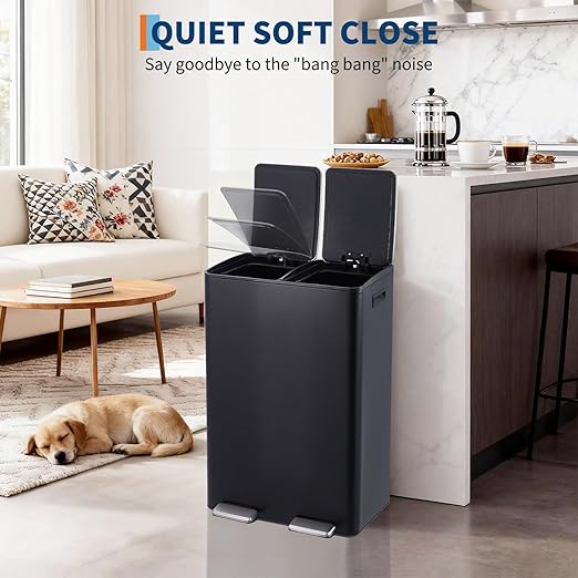 Garvee Dual Trash Can, 16 Gal (2 x 30 l) Stainless Steel Kitchen Garbage Can with Lid and Inner Bucket, Double Compartment Trash and Recycle Bin Combo with Step Pedal for Home Office, Black