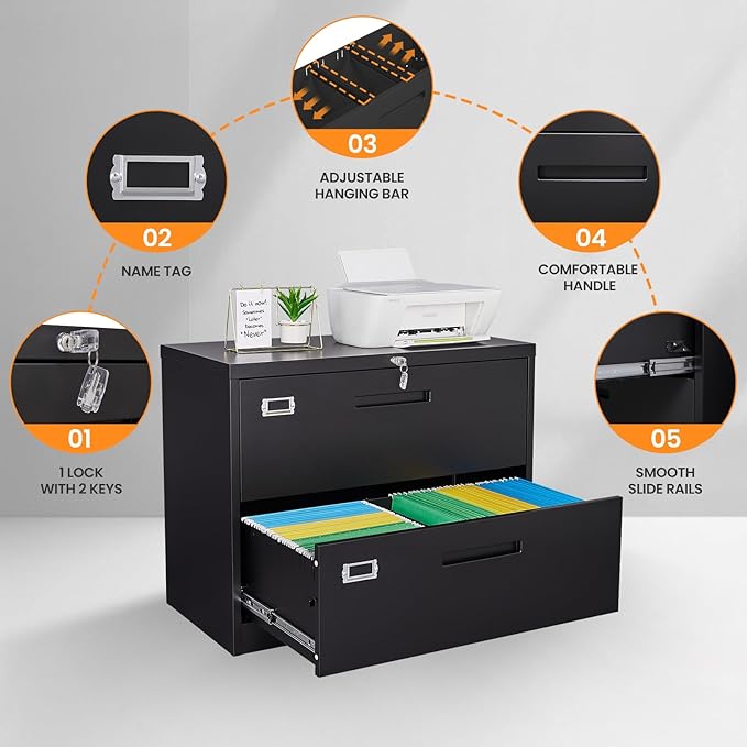 AFAIF 2 Drawer File Cabinets for Home Office, Metal Filing Cabinet with Lock, Black Locking File Caninet Two Drawer, Office Storage Caninets Steel Cabnet for Letter/Legal/A4/F4-Assembly Required
