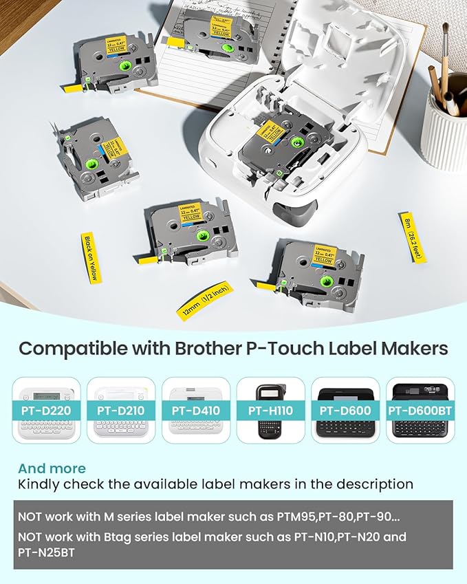 2-Pack Label Maker Tape 12mm 0.47" Yellow Replacement for Brother P Touch Label Tape TZe-631 TZ-631, Compatible with Brother Ptouch PT-D210 PT-H110 PT-D220 PT-D400,Black on Yellow