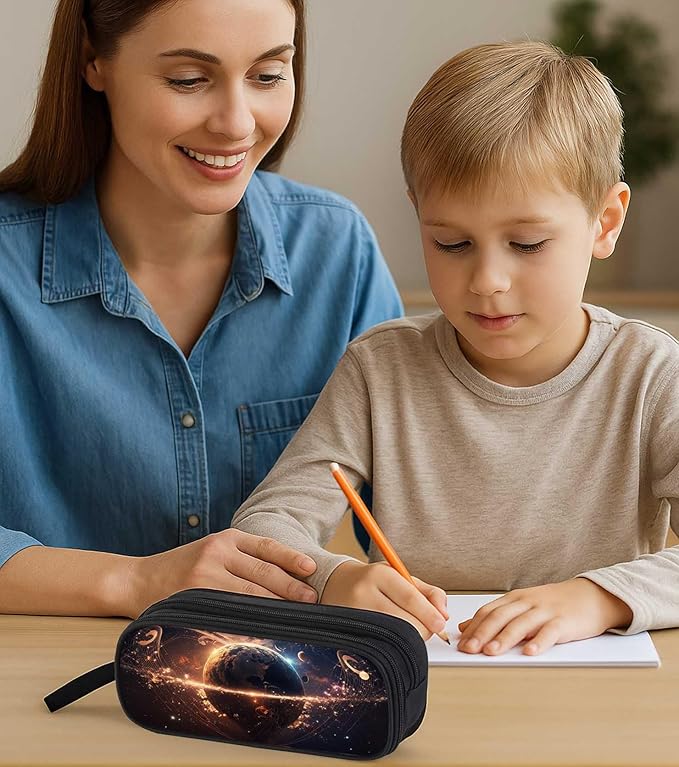 AnySmic Space Pencil Case for Boys and Girls, Large Galaxy Pencil Pouch or Pen Bag for Kids, Polyester Big Capacity Pen Case with 2 Compartments, Double Zipper Organizer, Gifts for School Student