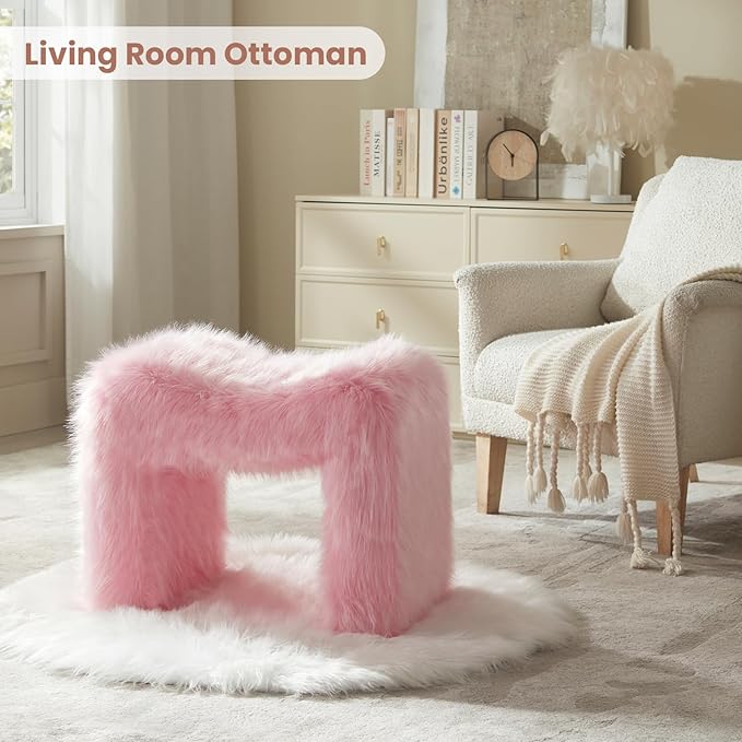 ZYKZYK Modern Vanity Stool Ottoman, Backless Faux Fur Small Footstool for Makeup Room, Living Room, Bedroom, Entryway Portable and Comfortable Seating (Single Piece) Pink