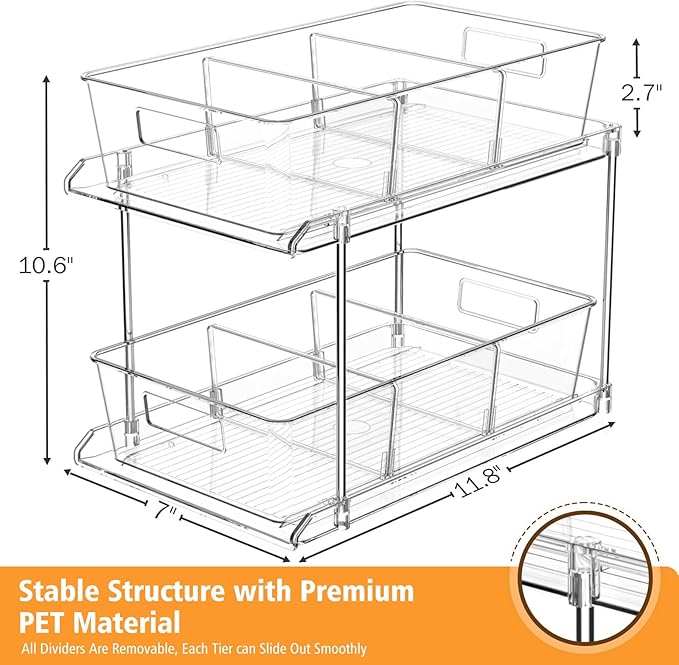 Fabspace 3-Pack Pull-Out Home Organizers, 2 Tier Clear Bathroom Organizer with Dividers, Multipurpose Vanity Counter Tray, Kitchen, Closet Organizers and Storage Container Bins for Cabinet, Pantry