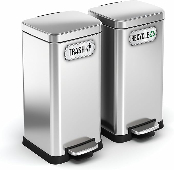 Recycle and Trash Stickers for Kitchen Trash Cans and Recycling Bins, Indoor Trash and Recycle Sticker Combo for Garbage Can Logo Symbol, 2 Silver Decals, 6.5" x 3" Elegant Style with Split-back