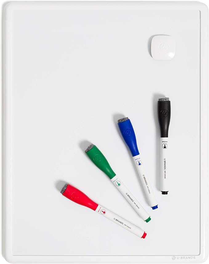 U Brands Contempo Magnetic Small Whiteboard, 11" x 14”, White Modern Frame, Mini White Board for Kids and Students, Fridge and Locker Dry Erase Board, Includes 4 Markers & Magnet