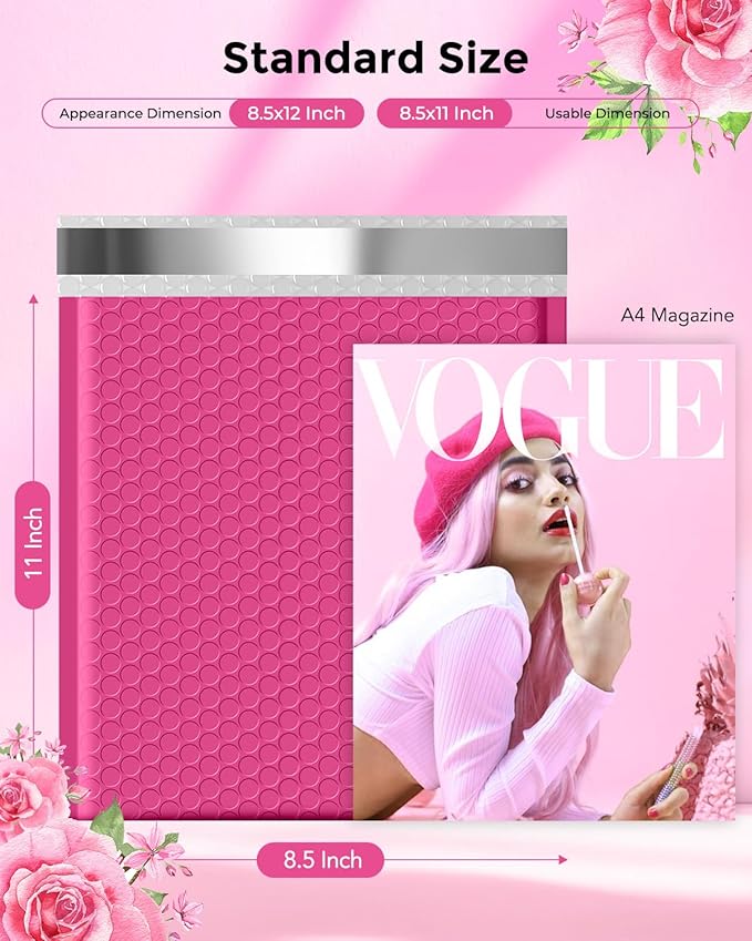 Metronic Bubble Mailers 8.5 x 12 Inch 40 Pack Pink Bubble Mailers Waterproof Padded Envelopes for Packaging, Shipping, Small Business Bulk