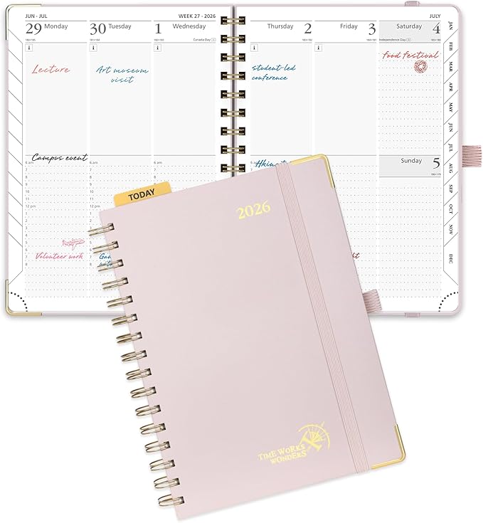 POPRUN 2026 Planner Daily Weekly and Monthly Calendar with Hourly Schedule(Medium Size 8.5'' x 6.25'' Wire-Bound Hard Cover) - Agenda 2026 (Jan.2026-Dec.2026), Monthly Tabs - Light Pink