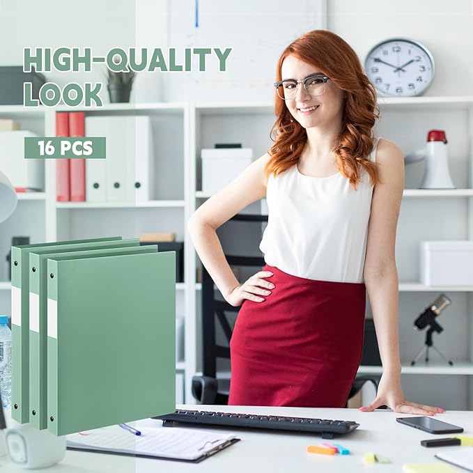 Henoyso 16 Pcs 3 Ring Binder 0.5 Inch Round Fits Letter Size 8.5'' x 11'' Paper Plastic Flexible Binder Bulk Holds 140 Sheets with 1 Pockets Versatile Organizer for Home Office School (Sage Green)