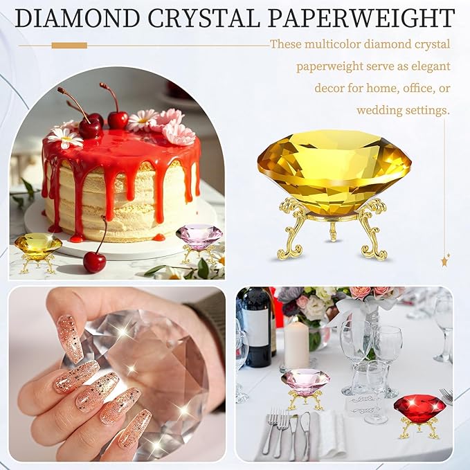 PATIKIL Diamond Crystal Paperweight, 80mm / 3.15" Crystal Paperweight Paper Weight with Gold 19 Metal Base for Home Office Desktop Table Decor Wedding Party Ornaments, Yellow