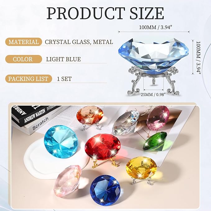 PATIKIL Diamond Crystal Paperweight, 100mm / 3.94" Crystal Paperweight Paper Weight with Silver 25 Metal Base for Home Office Desktop Table Decor Wedding Party Ornaments, Light Blue
