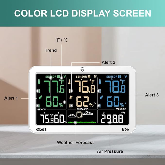 OBET Weather Station Wireless Indoor Outdoor Thermometer with 3 Sensors, Temperature Humidity Monitor with Alerts 500ft Range and 3 Adjustable Brightness White