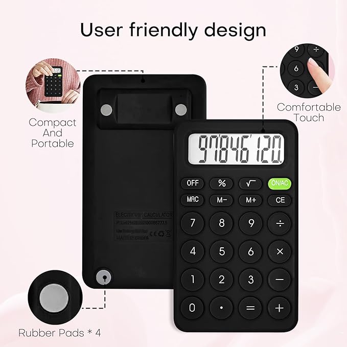 Cute Calculator, Basic Four Function Calculator for Teachers Students Basics Office, Small Handheld Calculators, 8 Digit with LCD Display, Sensitive Button, 5.5×3.2 inches Black