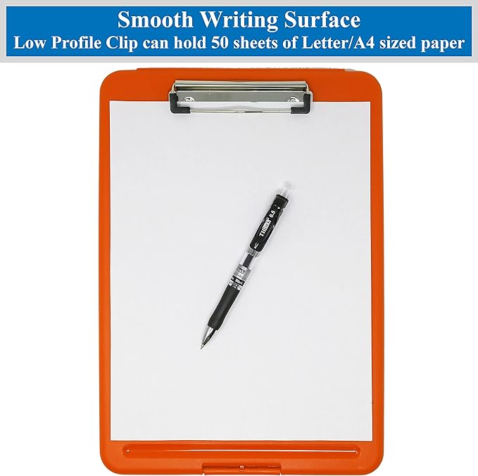 Think2Master Orange Plastic Storage Clipboard. | 25% Heavier & 25% Sturdier| Heavy Duty and Won’t Flex or Bend Like Other Brands (Compare The Weight). Storage Compartment Holds 150 Letter Sized Paper.