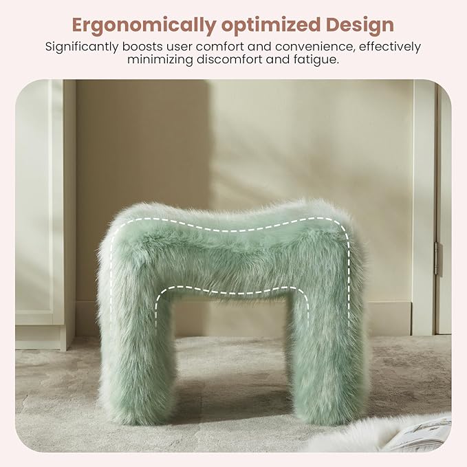 ZYKZYK Modern Vanity Stool Ottoman, Backless Faux Fur Small Footstool for Makeup Room, Living Room, Bedroom, Entryway Portable and Comfortable Seating (Single Piece) Green