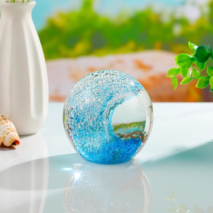 Glass Ocean Waves Ball Paperweight, Hand Blown with Blue, Gold & White Bubble Decoration for Home and Office