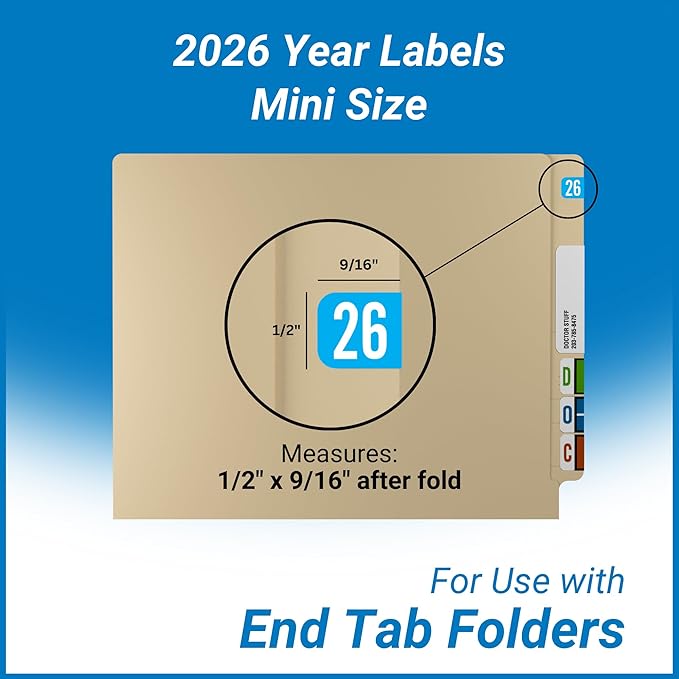 MINI 2026 Year Stickers, Doctor Stuff 2026 Chart Stickers, Light Blue Color Coded, Tab 1287 Style, USA Made Year Labels for End Tab File Folders, 500 Labels/Roll in a Dispenser Box, 1/2" x 1-1/8"