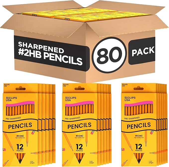 E-CLIPS USA Pre-Sharpened Pencils Bulk Pencil #2 School Supplies Bulk Number 2 pencils Office Supplies Bulk 12 Pencil Per Box (80 Pack)