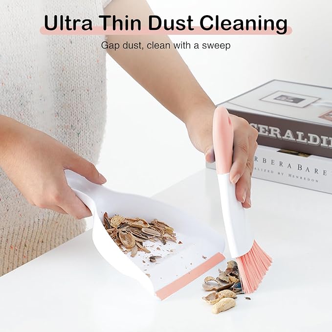 NACENA Mini Dustpan and Brush Set, Small Broom and Dustpan Set Dust Pan and Mini Hand Broom Dustpan and Broom Combo Compact for Home Table Keyboards Sofa Kitchen, Pink