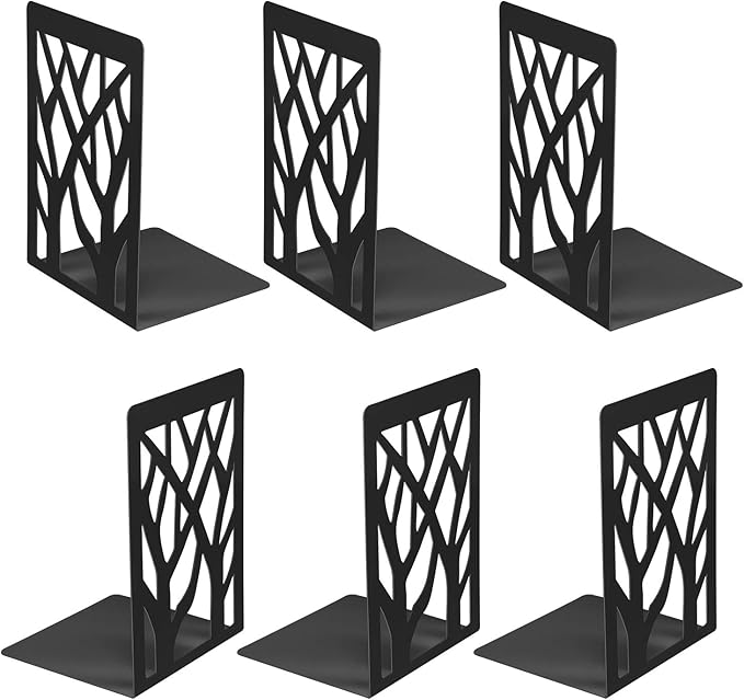 MSDADA Bookends, 6 Pairs Black Metal Book Stoppers for Heavy Books, Office, Home Decor