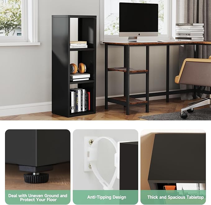 IRONMIX Metal 3 Cube Storage Organizer, Short Black Bookshelf with Storage Cabinet, Narrow Nightstands, Modern Cube Storage Shelf Slim Bedside Table for Small Places, Living Room, 15 min Assembly