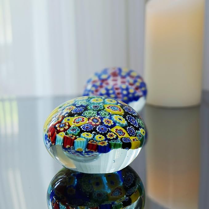 Yao Yuan Handcrafted Glass Paperweight - Beautiful Flower Figurine, Unique Desk Accessory for Home or Office (Yellow millefiori, 4 in)