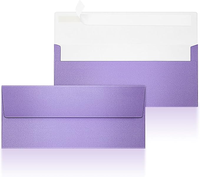 YooNotee 100 Count #10 Purple Metallic Business Envelopes, 80 lb, 4 1/8" x 9 1/2" Metallic Business Letter Size Envelopes, Peel & Press Square Flap, Printable for Professional Mailing and Office Use