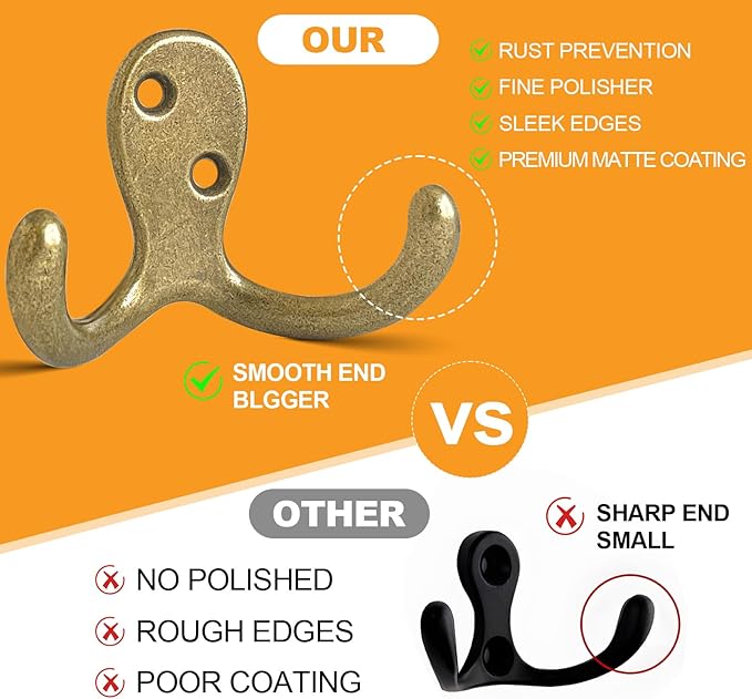 CBWLWJ 15 Pack Coat Hooks Wall Hooks for Hanging, Heavy Duty Double Prong Metal Hook Wall Mounted for Living Room, Bathroom, Kitchen, Bedroom for Coat, Bag, Scarf, Towel, Hat, Key, Cup (Bronze)