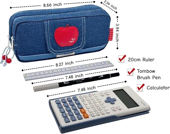 Haumei Canvas Pencil Case Large Capacity, Big Denim Pen Pouch with Zipper, Cute Durable Portable Stationary Storage Bag Organizer for Adults Women, Dark Blue, Apple
