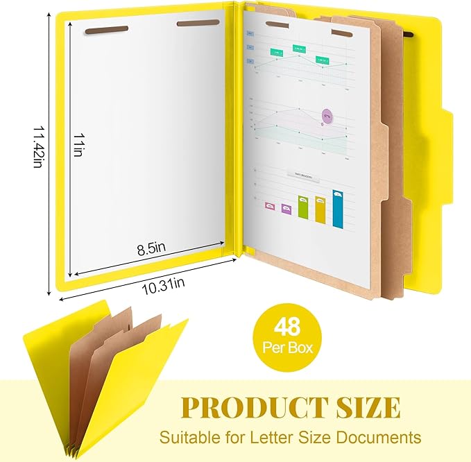 Skyygemm 48 Pcs Classification Folders Letter Size, 2 Divider Pressboard File Folders with 3. 5 Inch Expansion, 2 Prongs Fastener, Heavy Duty Office File Organizers for Teachers, Medical (Yellow)