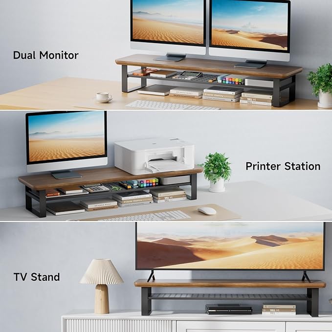 NestNeat Dual Monitor Stand, 35.4 Inch Monitor Stand Riser for 2 Monitors, 2 Tiers Wood Desk Shelf with Storage, Desktop Organizer Stand for Computer, Laptop, Printer, TV (Black Walnut, 35.4in)