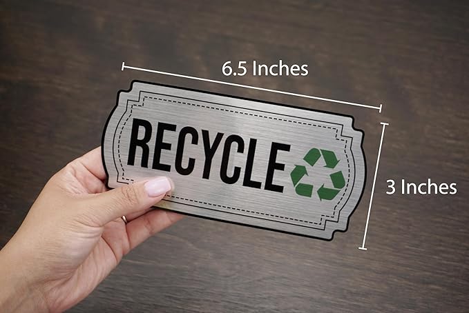 Recycle and Trash Stickers for Kitchen Trash Cans and Recycling Bins, Indoor Trash and Recycle Sticker Combo for Garbage Can Logo Symbol, 2 Silver Decals, 6.5" x 3" Elegant Style with Split-back