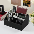 Cretkhp Remote Control Holder with 5 Compartments for Office Art Supplies, PU Leather Nightstand Organizer Pencil Pen Desk Caddy for Home, Desktop TV Remote Control Organizer Storage (Striped Black)